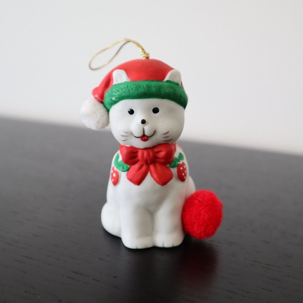 Vintage Christmas Ornament Jolly Jingles Cat Bell Porcelain Bisque